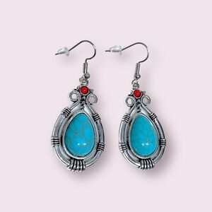 Faux turquoise & silver tone boho dangly earrings, teardrop shape, 1.5” NEW